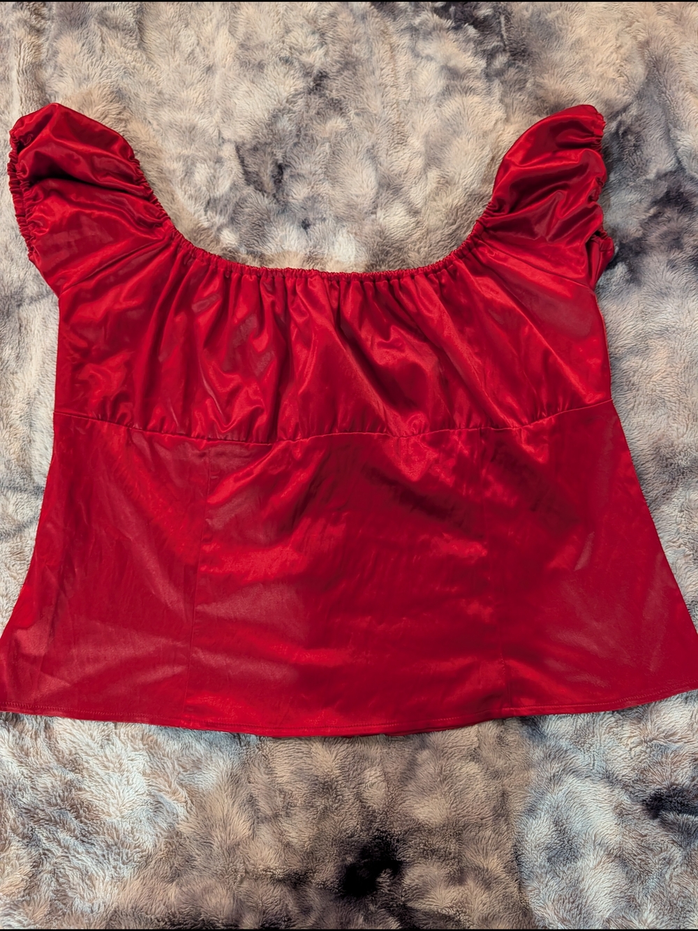 Women’s Red Faux Satin Puff-Sleeve Square-Neck Blouse